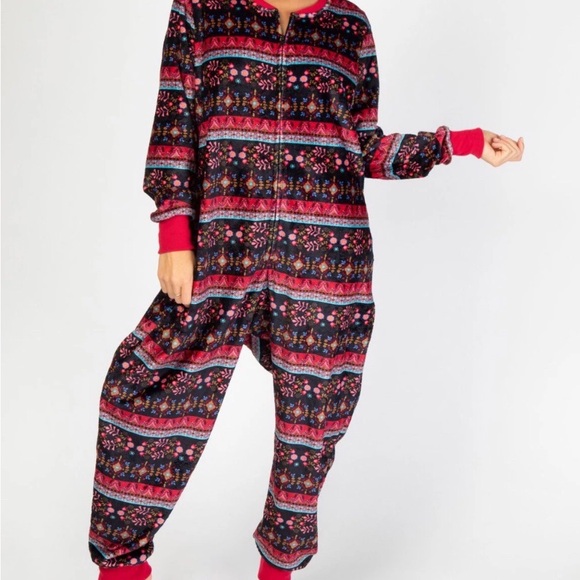 Natural Life Plush Fleece One Piece Pajamas Boho Print L/XL Cabincore Loungewear - Picture 3 of 13